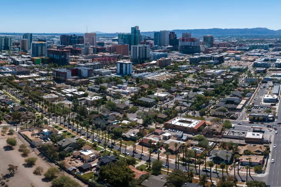 Aerial view of downtown Phoenix, Arizona on a sunny day.